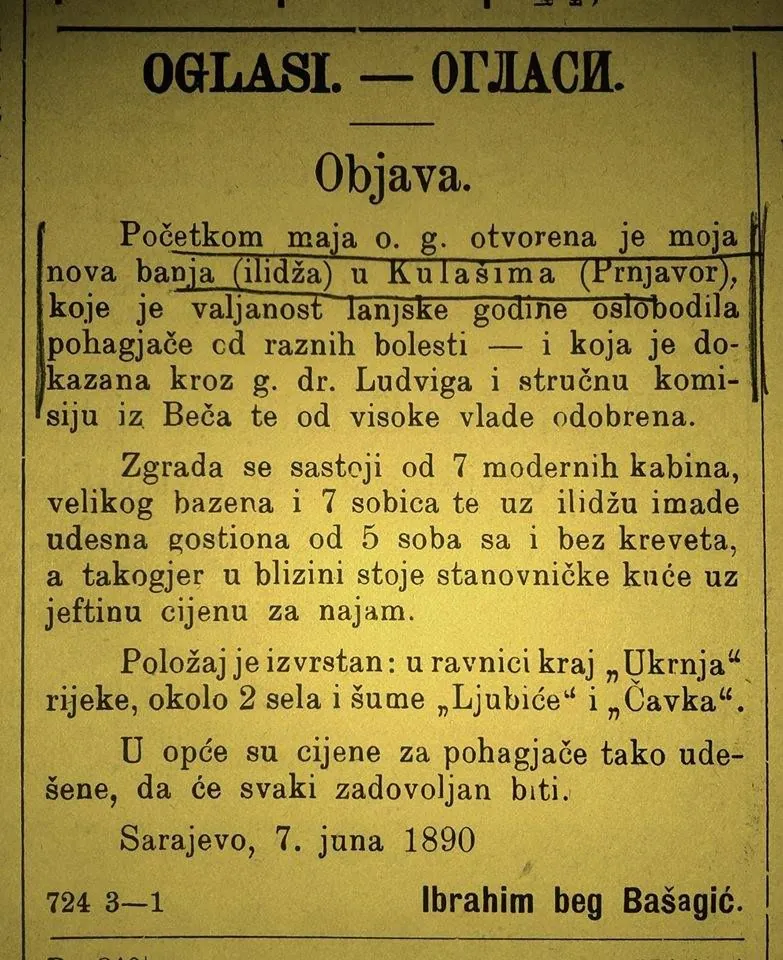 Sken novinskog oglasa o otvaranju banje u Kulašima iz 1890. godine